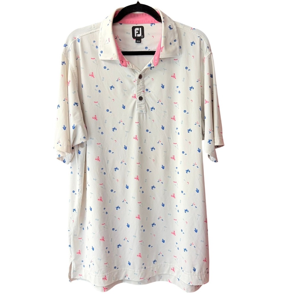 FootJoy Mens ProDry Seafood Boil Print Golf Polo Shirt White Pink Blue Large
